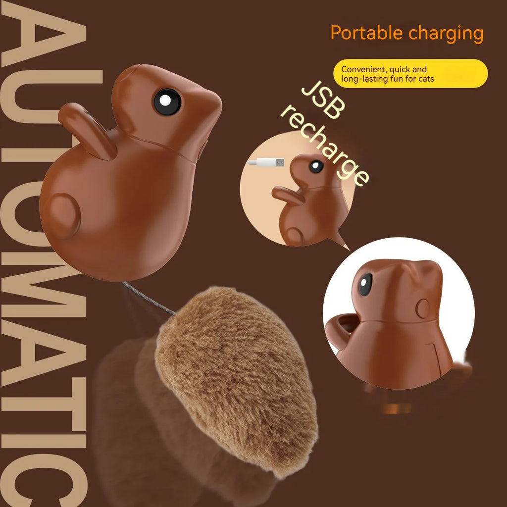 Dark brown plastic squirrel-shaped smart cat teaser toy with USB charging port on black background