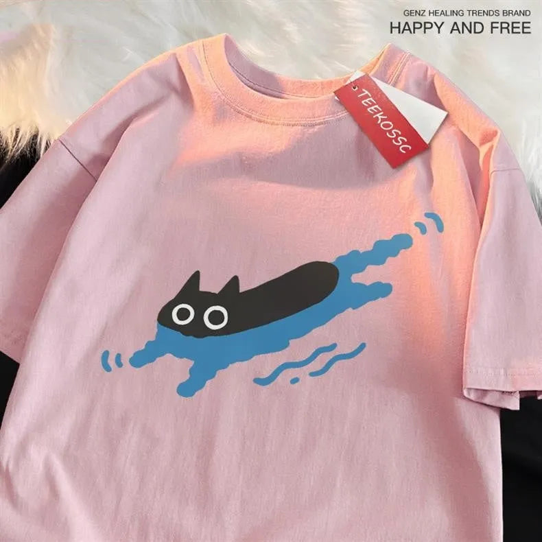 Plus size short sleeve cotton T-shirt with Diving Black Cat design in black colour