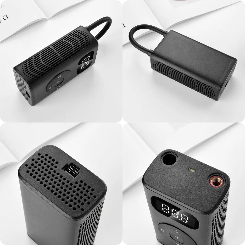 Black M09X digital portable tyre inflator with display, USB port, and 16 cm tube on a grey background.