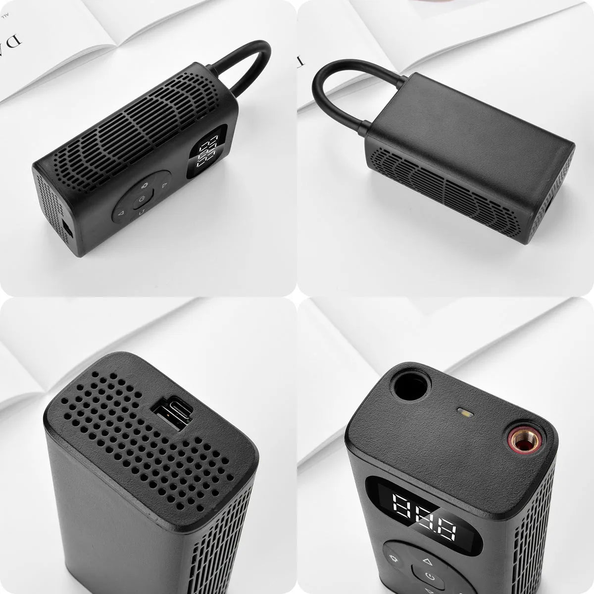 Black M09X digital portable tyre inflator with display, USB port, and 16 cm tube on a grey background.