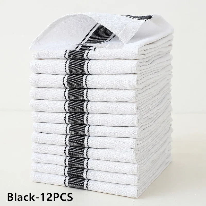 Set of 12 stripe pattern dishwashing towels in polyester cotton blend measuring 48x70cm