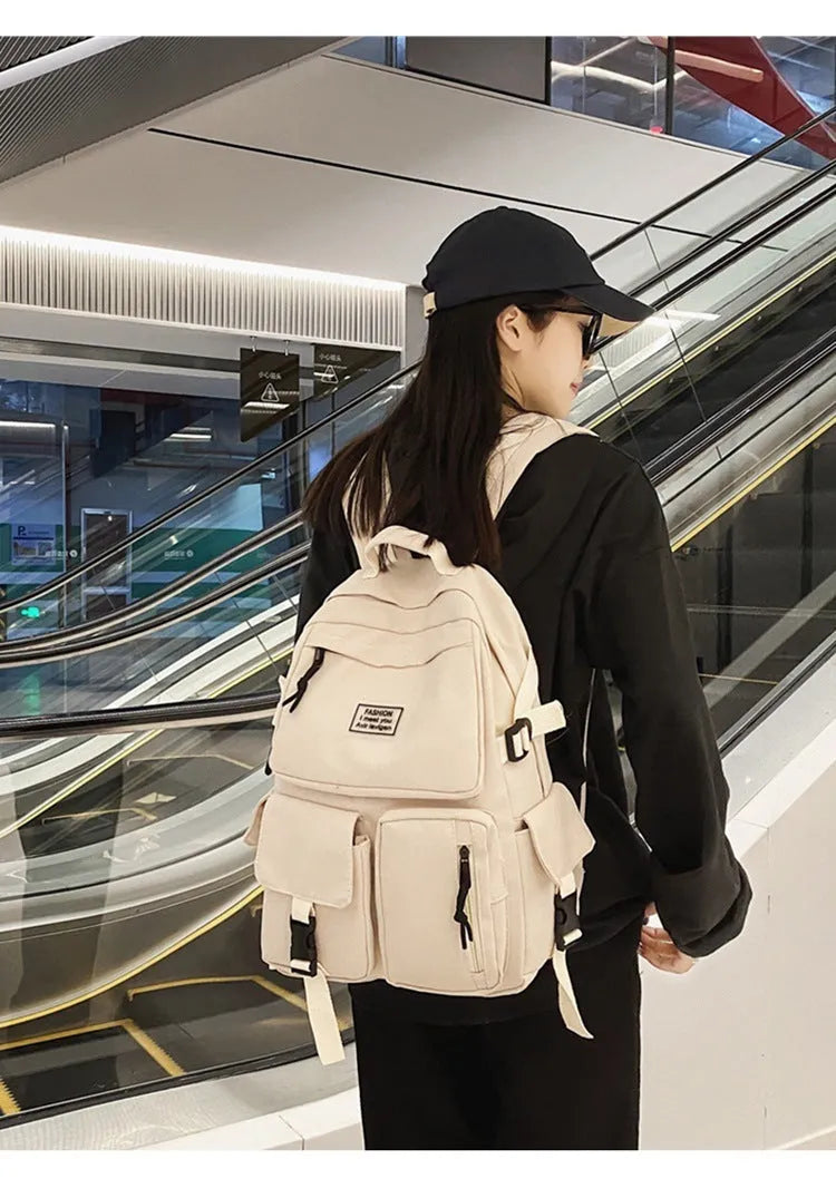 31cm black and white nylon student backpack with computer compartment and outer pockets