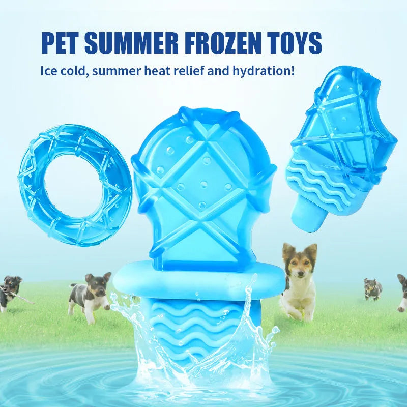 Set of three plastic dog chew toys: a blue pacifier, a red popsicle, and a green ring, designed to be filled with water and frozen.