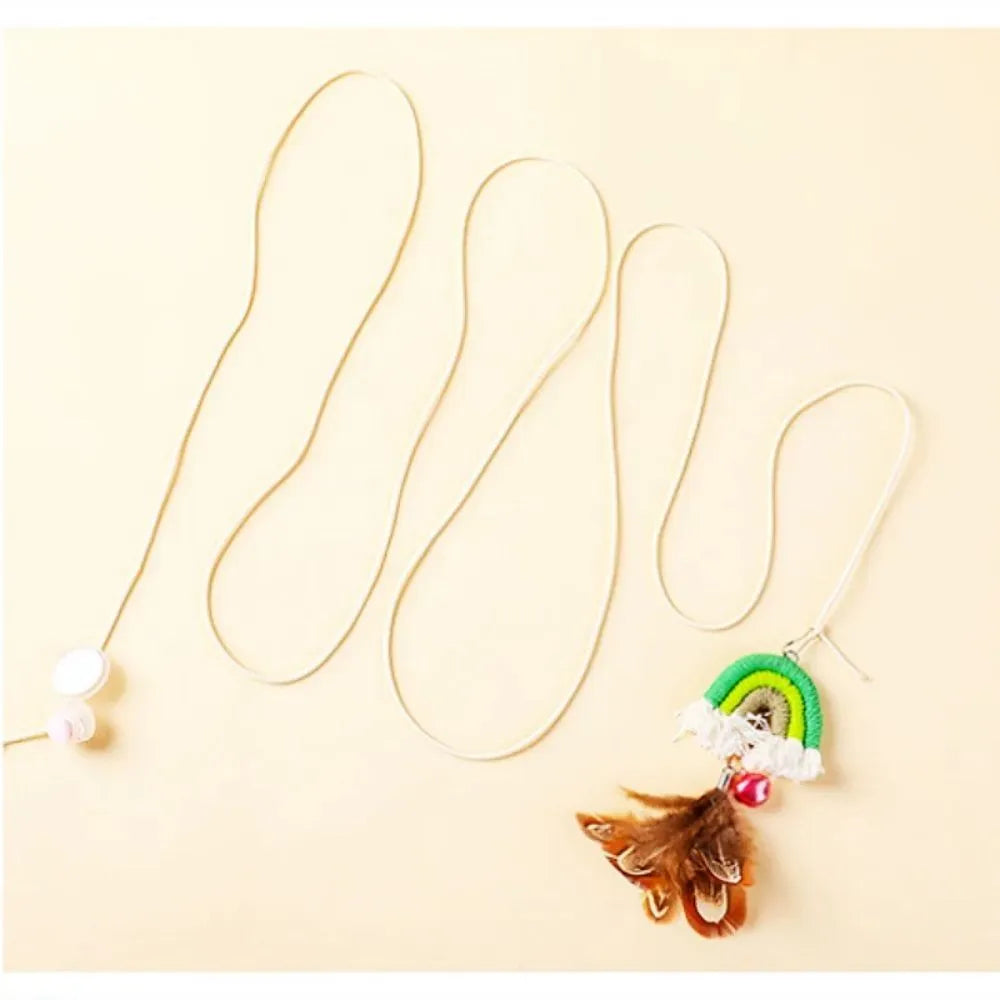 Blue feather cat rope door toy with elastic swing and sticky buckle clamp for feline entertainment