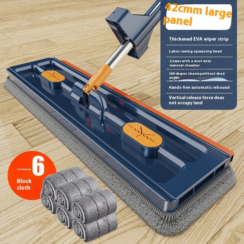 Large flat mop with stainless steel handle and blue cleaning cloths showing 360-degree rotating head