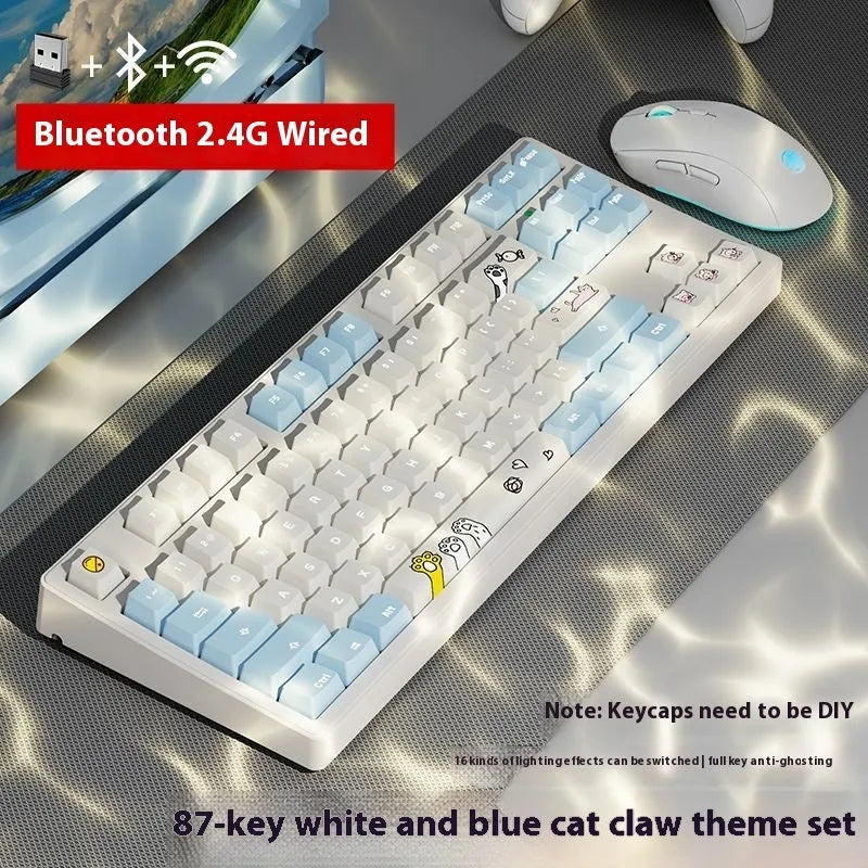 Wireless mechanical keyboard with three connection modes, shown in a choice of 87-key or 108-key layouts and various colour themes.