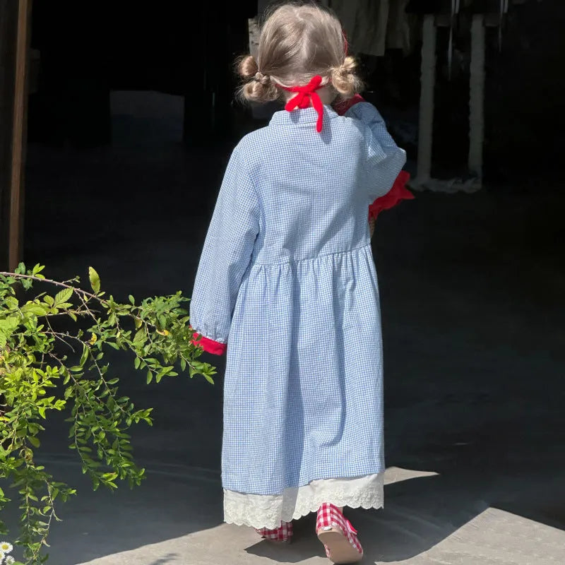 Blue plaid overknee long dress for girls cotton fabric retro style suitable for heights 90cm to 130cm