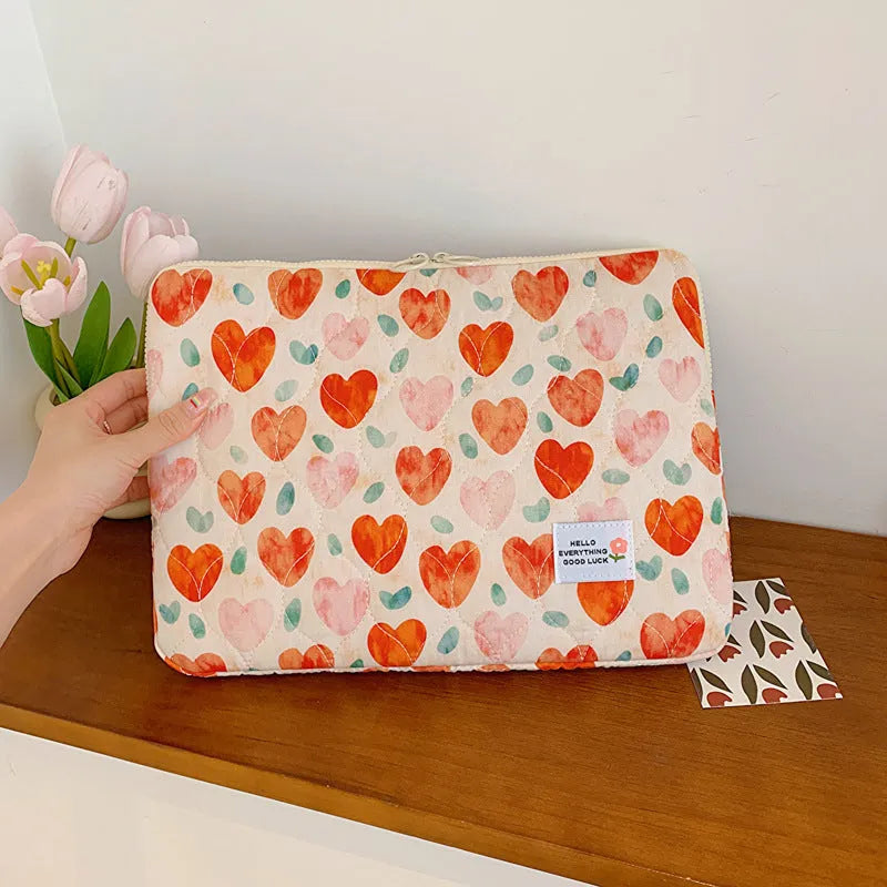 Women's printed cloth laptop bag with floral pattern showing anti-shock protection and storage compartments