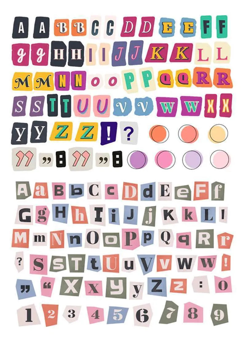 Set of printed cute style decoration stickers showing English letters, numbers, and weekly words on sheets.