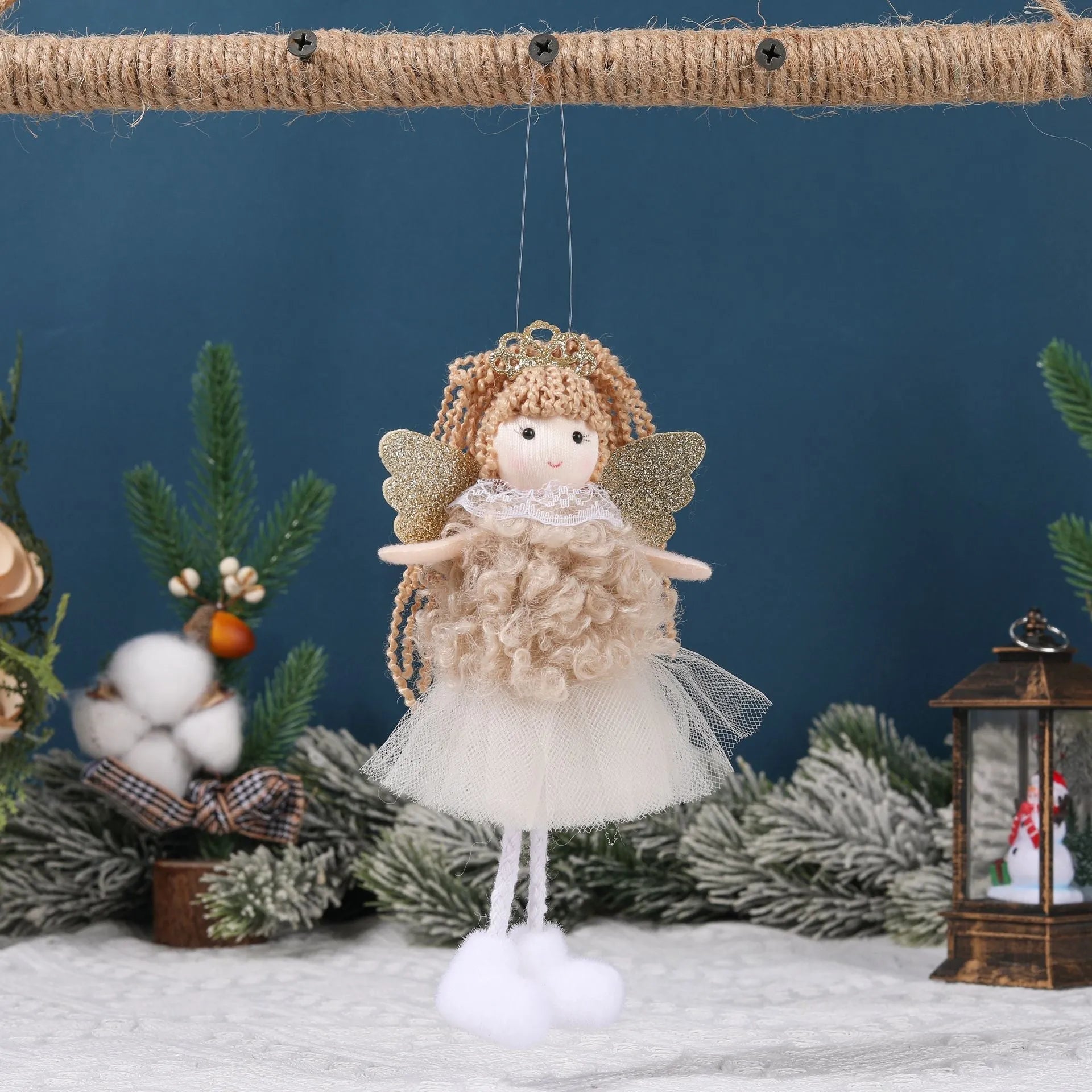 Cartoon Christmas angel fabric pendant attached to a white elastic hair band for a high ponytail.