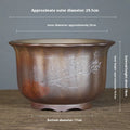 Purple sand ceramic flower pot with antique carved detailing and wood burning finish