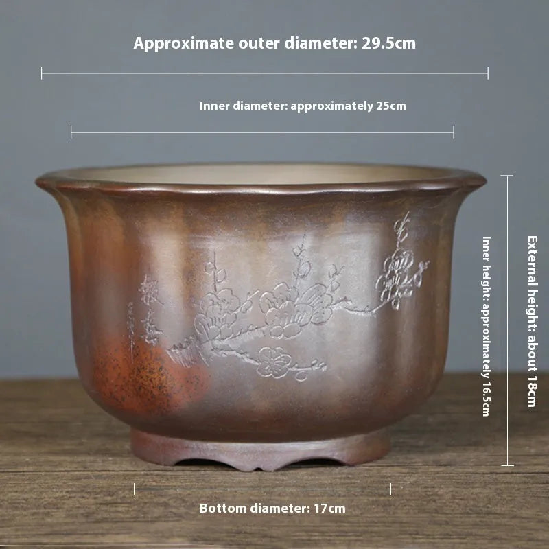 Purple sand ceramic flower pot with antique carved detailing and wood burning finish