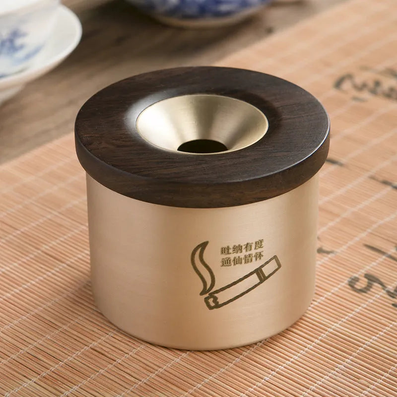 Brass ashtray with wooden lid featuring retro design for living room decor