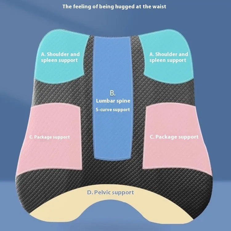 Grey lumbar support cushion for office chair, shown with pink and navy blue colour options.