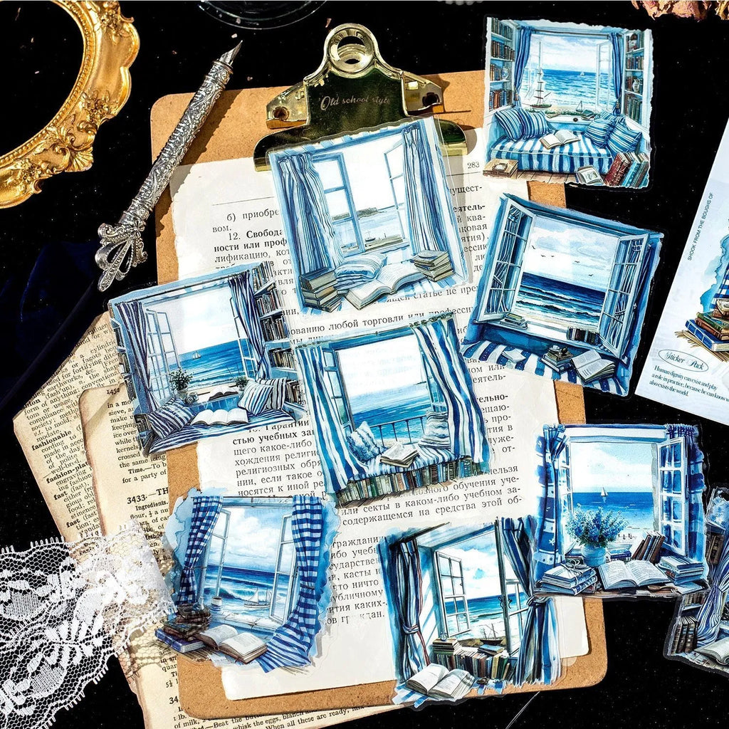 Retro style Window Story Series decorative journal stickers showing six different window-themed colour designs