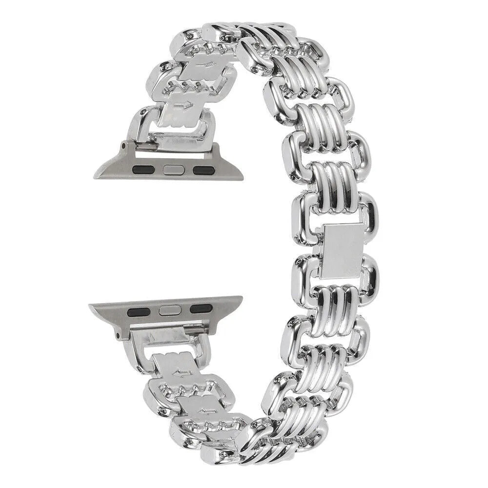Alloy metal Apple Watch band in rose gold on a wrist, showing the connection to a watch case.