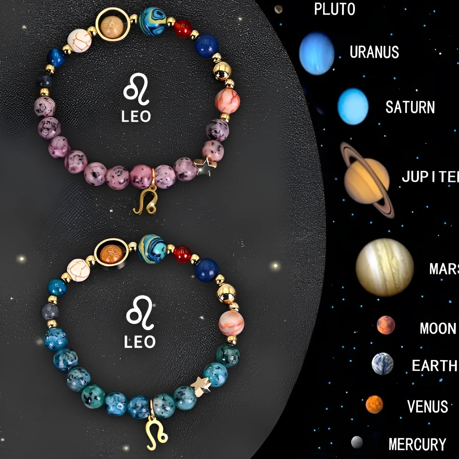 Two natural stone beaded bracelets for zodiac signs laid flat, showing varied bead colours and styles.