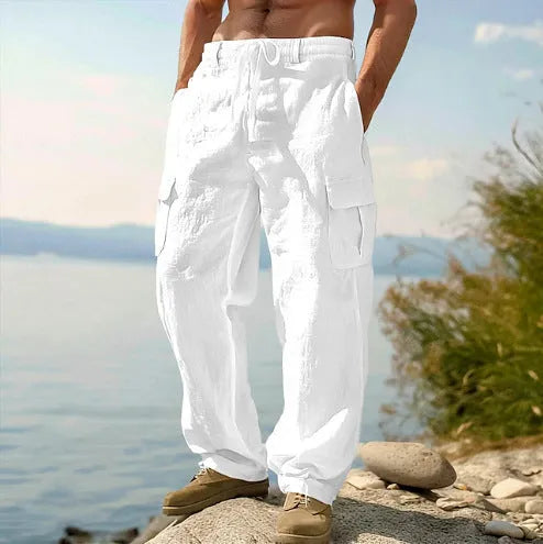 Men's cotton wide-leg casual trousers in solid colour with elastic mid waist