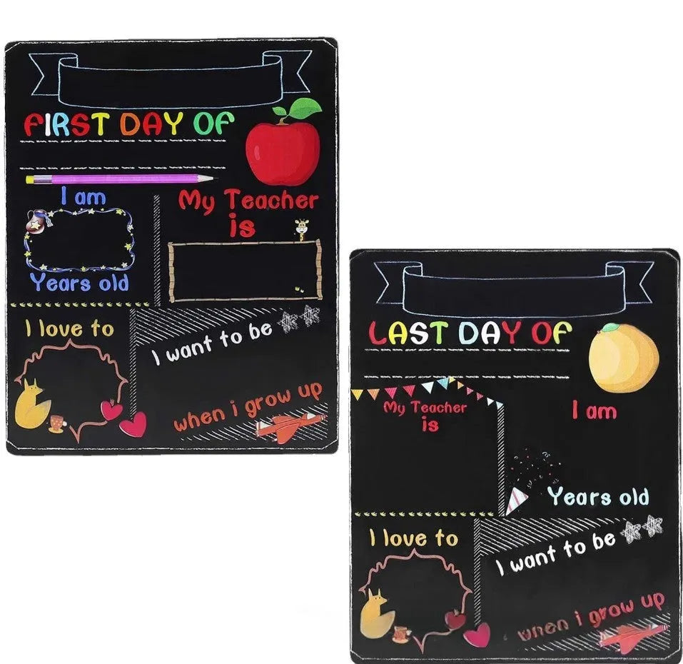 Wooden first day of school blackboard ornament measuring 25.5 by 30 centimetres.