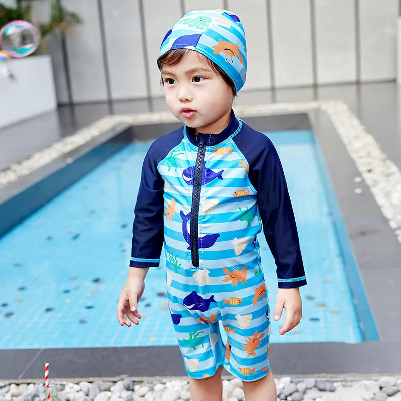 Children's one-piece swimsuit with striped shark pattern, polyester-oxygen blend, size 2-10 yards for ages 1-7
