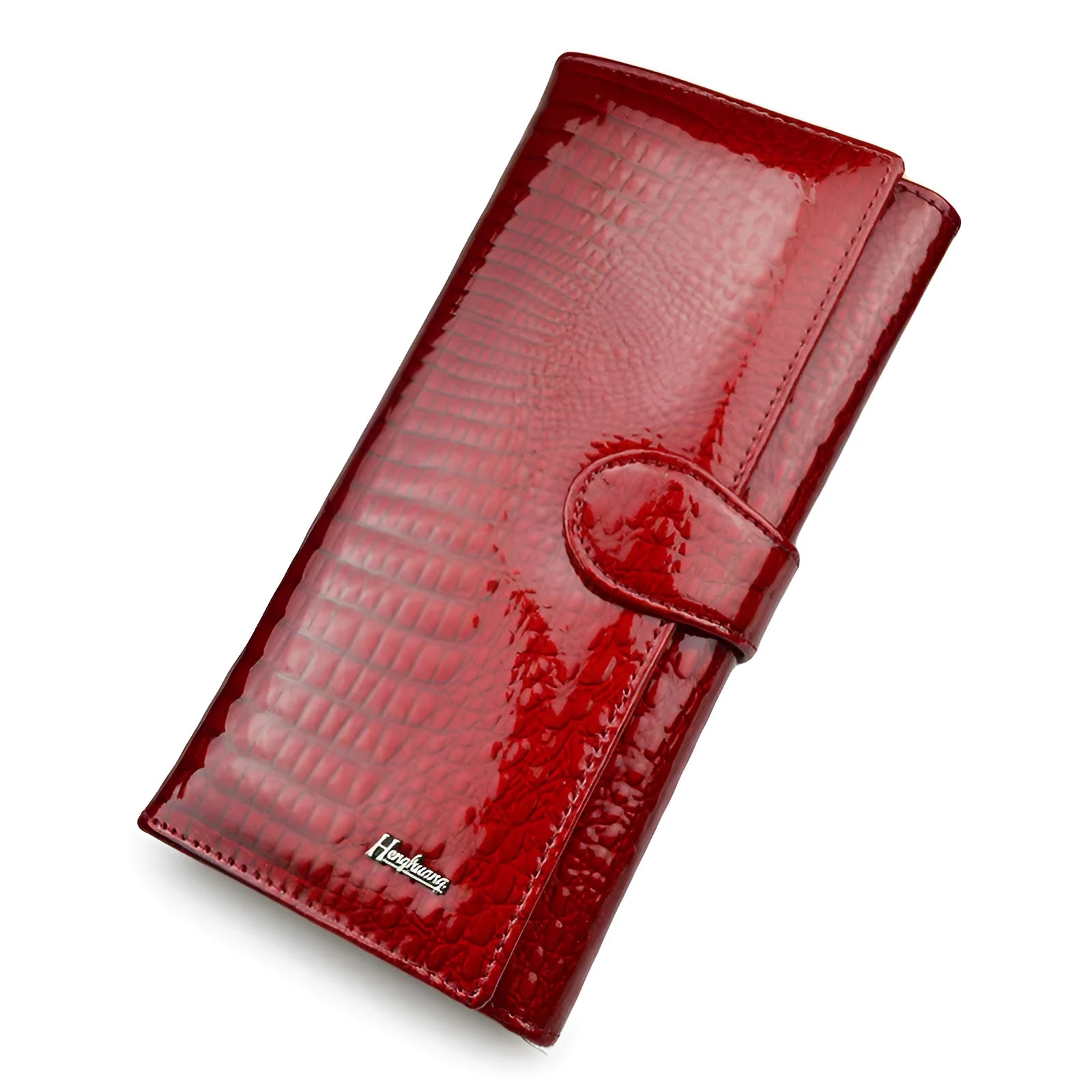 Women's patent leather coin purse with crocodile pattern in red, black, and wine red colours