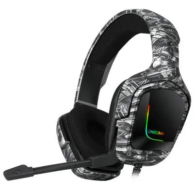 K20 wired gaming headset with RGB lights, cloth earmuffs, and a braided black cable.
