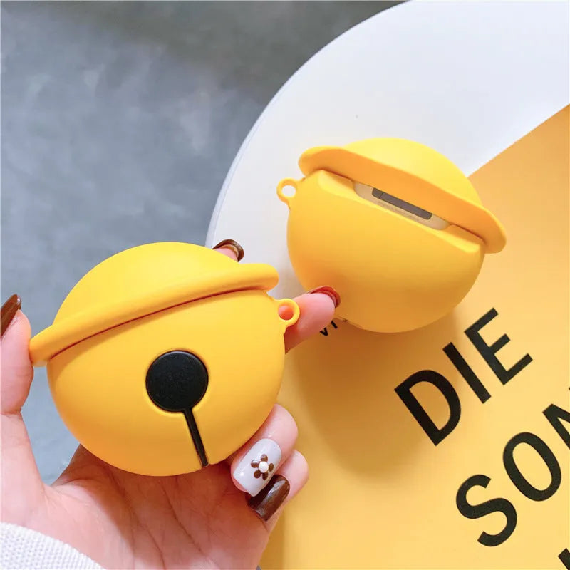 Yellow silicone protective case with small bell charm for Apple AirPods 1 and 2 charging cases