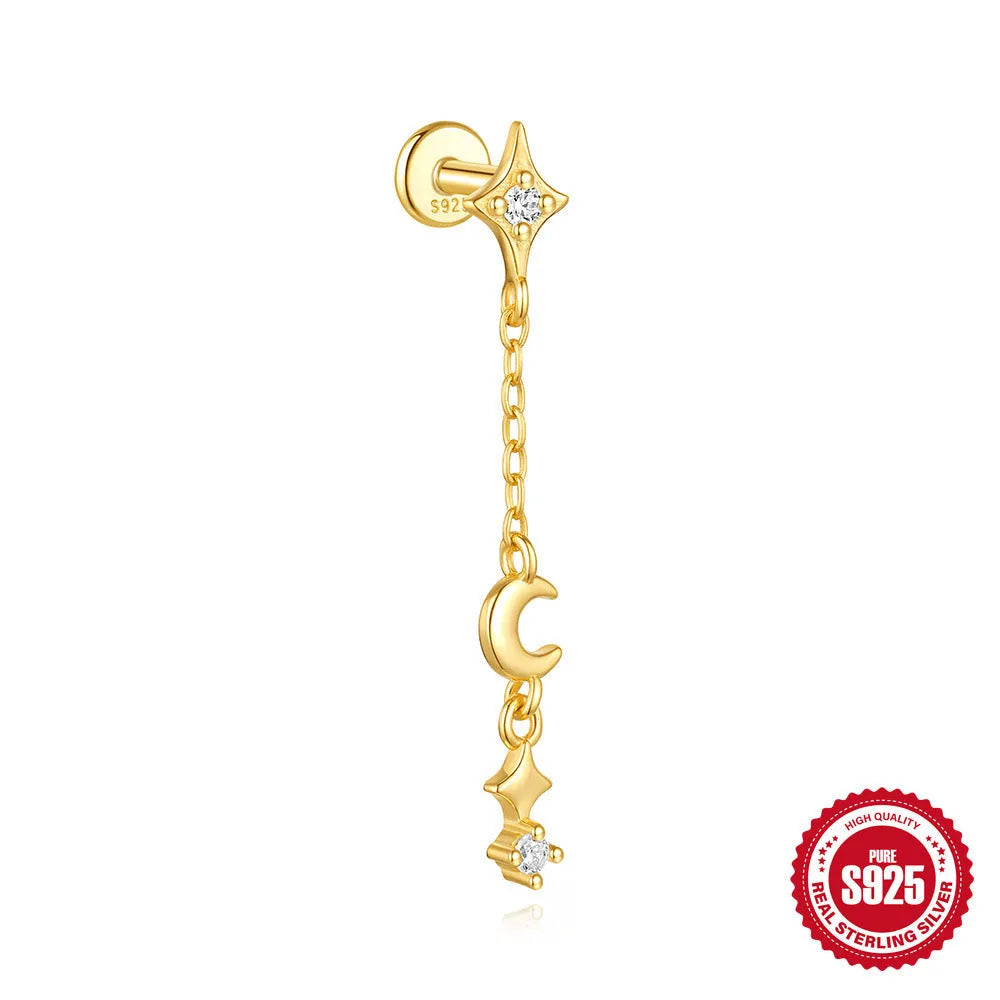 S925 sterling silver geometric moon and star earrings with cubic zirconia stones in a gold tone finish.
