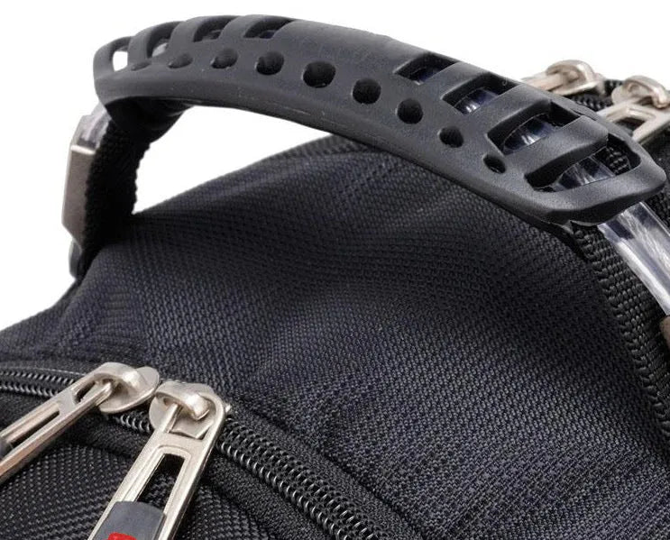 Black business computer backpack showing three compartments and laptop storage for 12-15 inch devices