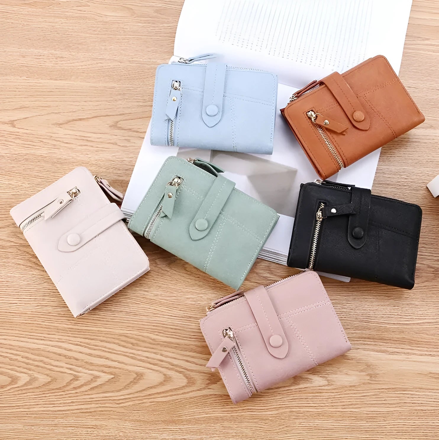Faux leather standard short wallet with zipper closure, solid colour, showing multiple internal compartments