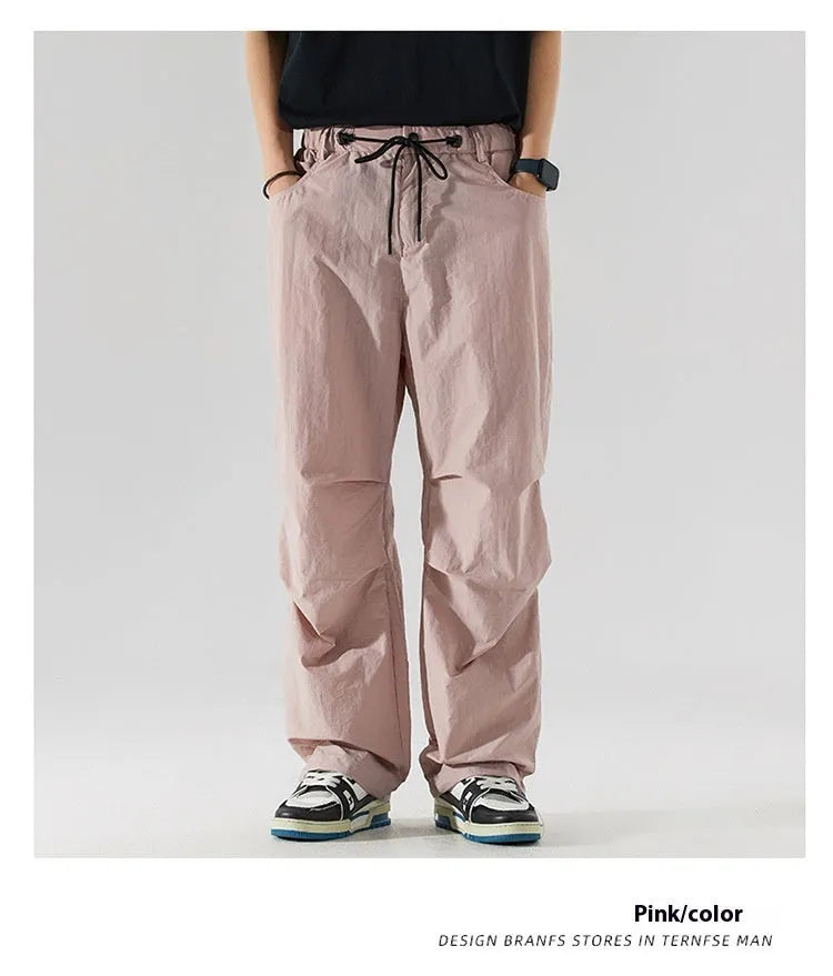 Men's casual trousers in thin ice silk nylon fabric with straight-leg fit, shown in multiple colour options