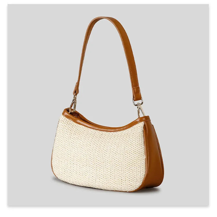 Khaki hand-woven straw selenodont crossbody bag made from PP grass with contrast colour detailing and single shoulder strap.