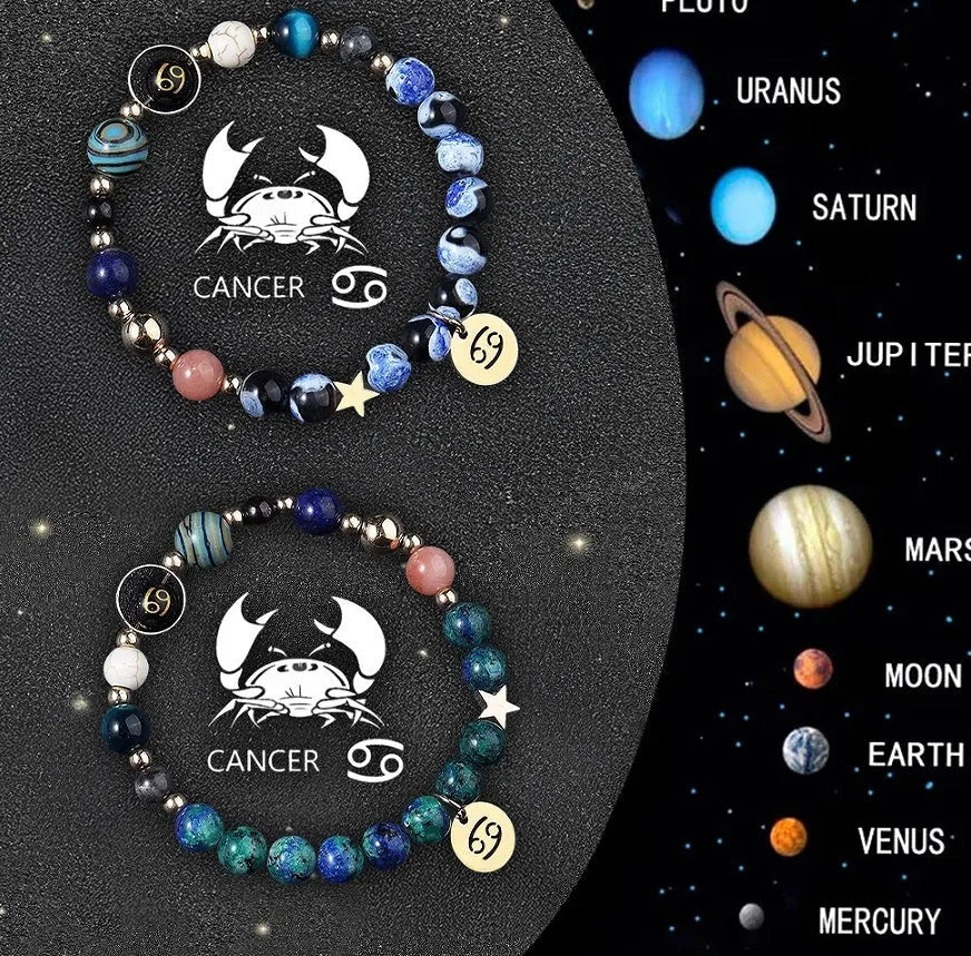 Two natural stone beaded bracelets showing Chinese zodiac animal signs including dragon and rabbit symbols