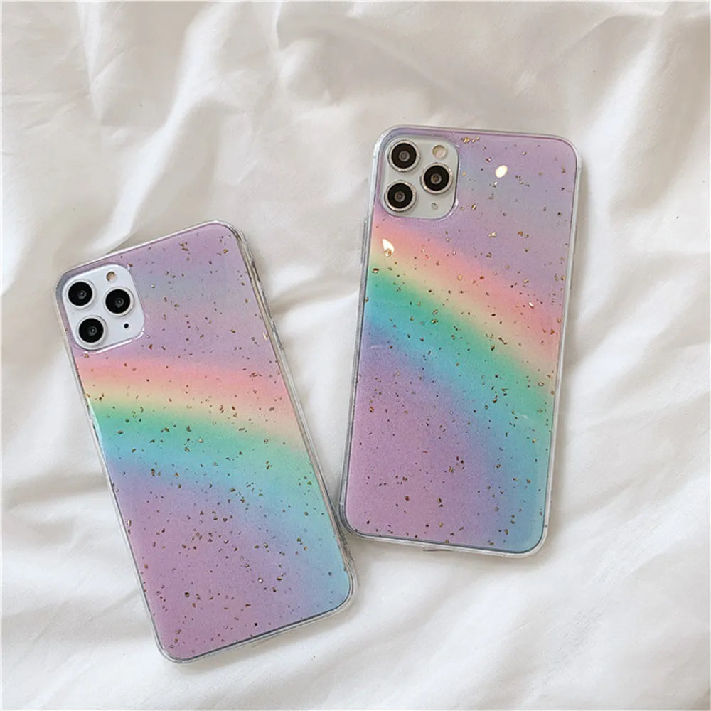 Rainbow gradient iPhone case with striped design on a phone