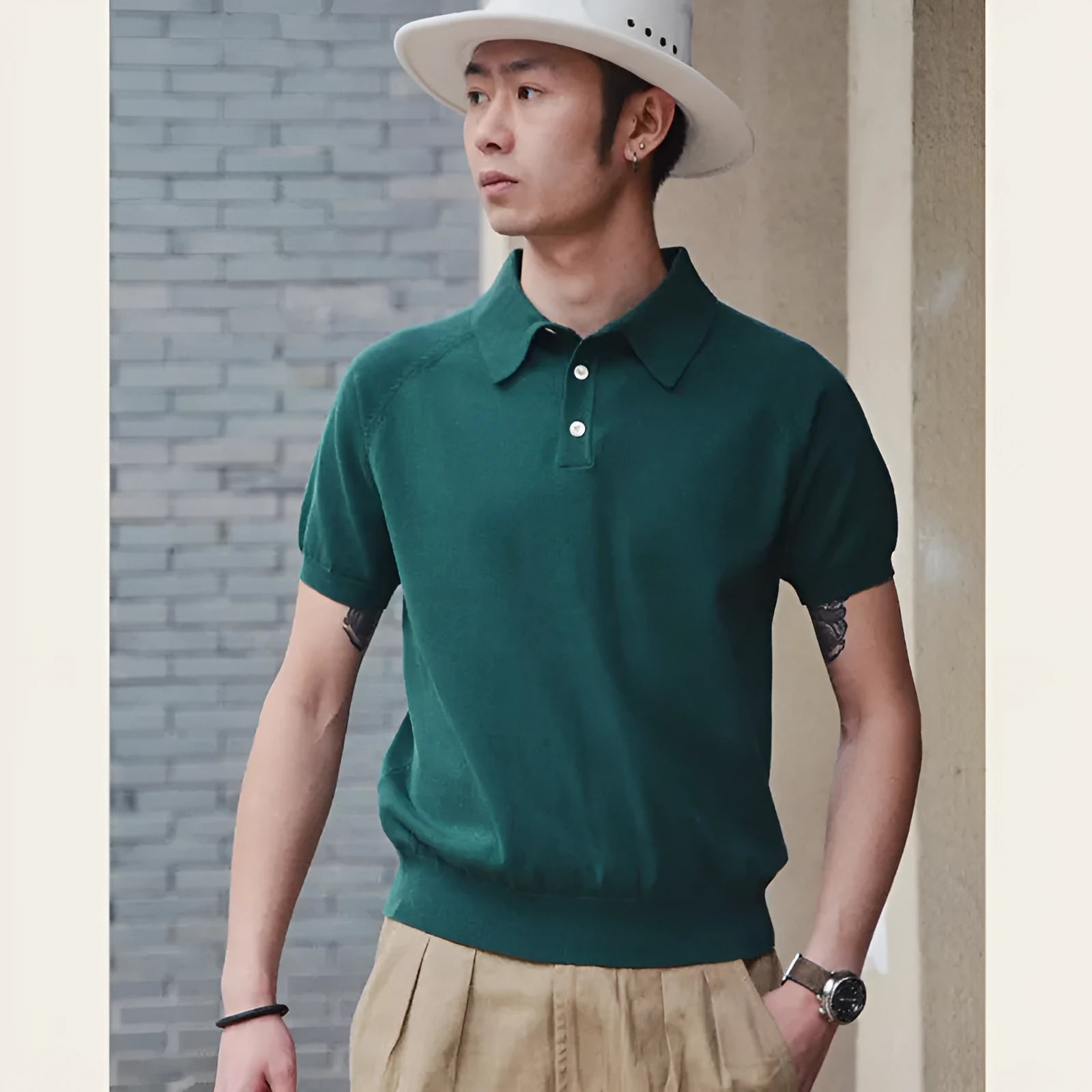 Retro slim fit short-sleeved cotton T-shirt shown in a solid colour on a model.