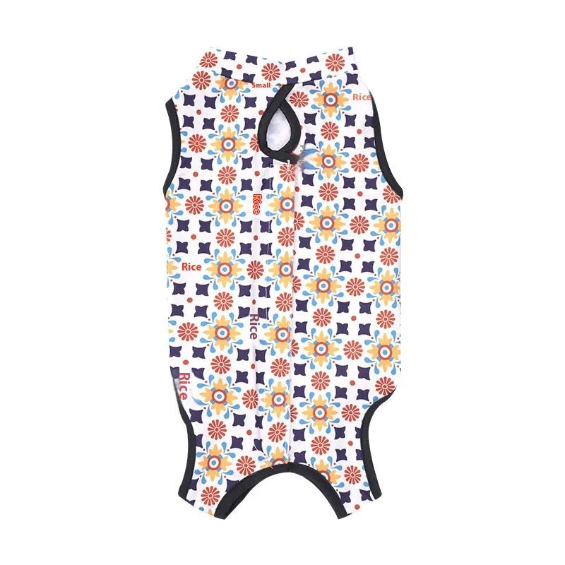 Colourful cat sterilisation recovery suit with Velcro fastening, a post-operative protective bodysuit.