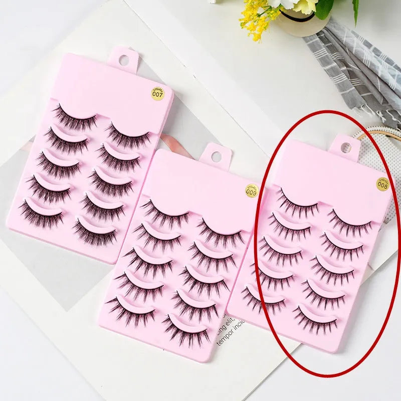 Pack of anime-style false eyelashes showing three wispy, natural slim length designs for cosplay and Korean makeup.