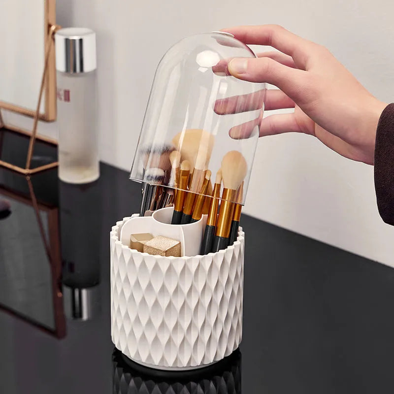 White rotating transparent acrylic makeup brush storage holder with dustproof lid on desktop