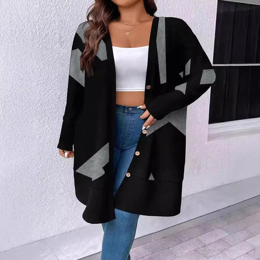 Black plus size polyester cardigan with button fastening in Japanese-Korean casual style