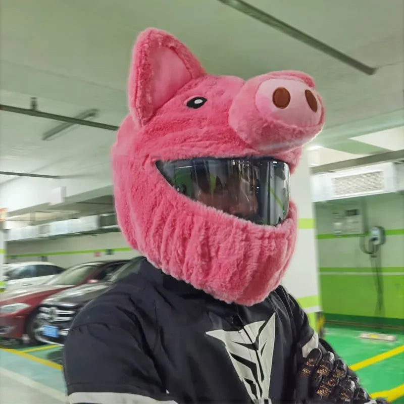 Cartoon design plush protective hood for motorcycle helmets in pink pig colour