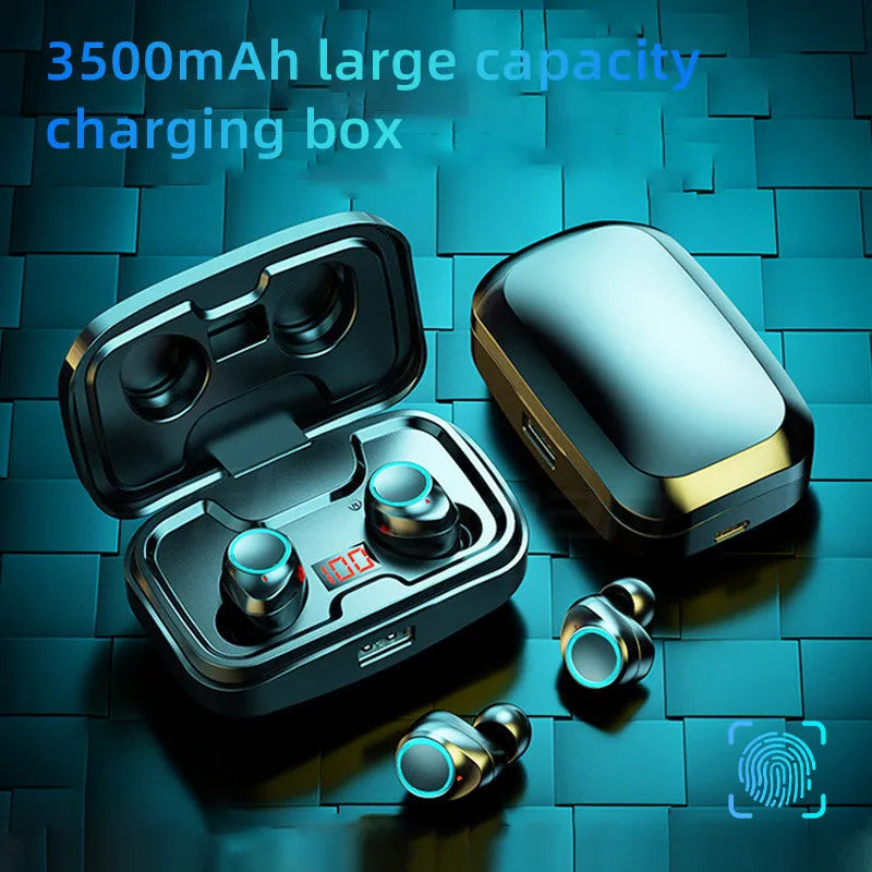 Black Bluetooth gaming headset with charging case that functions as mobile phone power bank