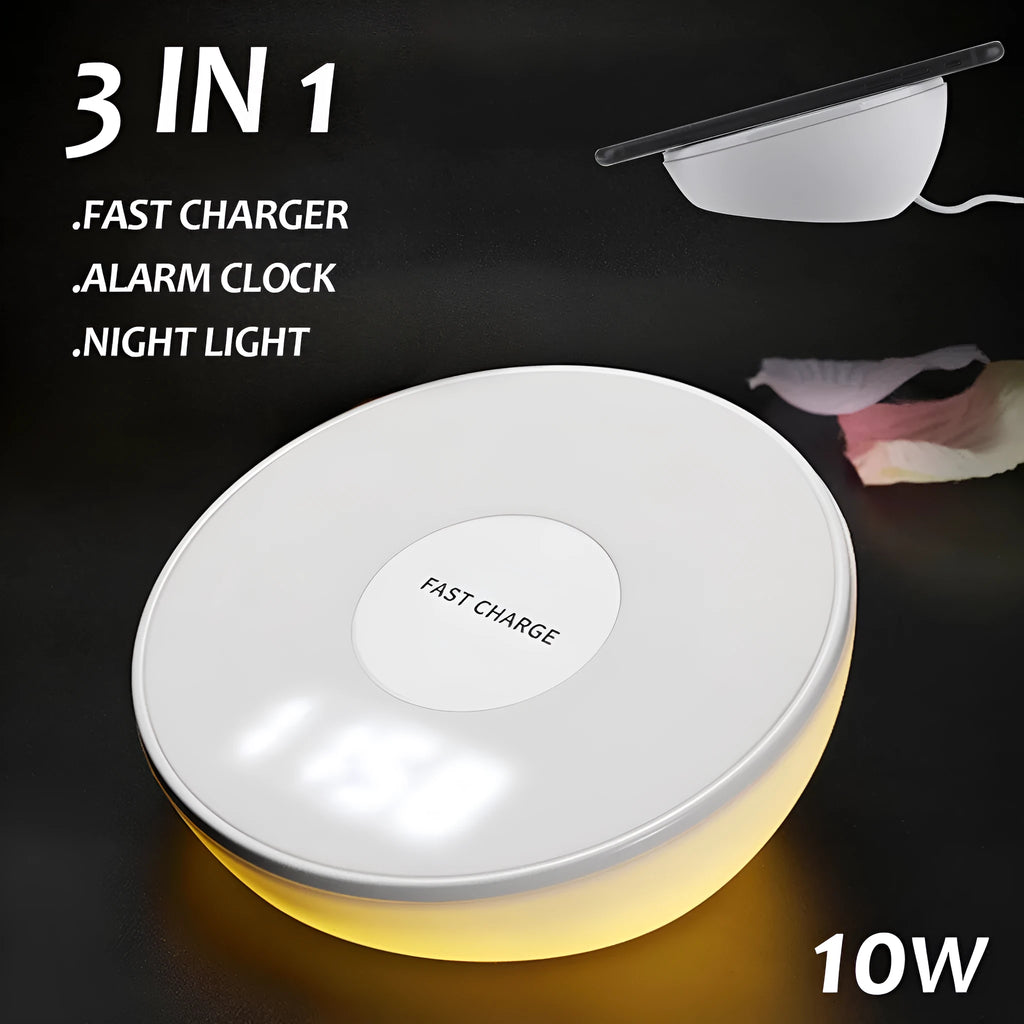 White 10W wireless charging pad with digital clock display and three control buttons.