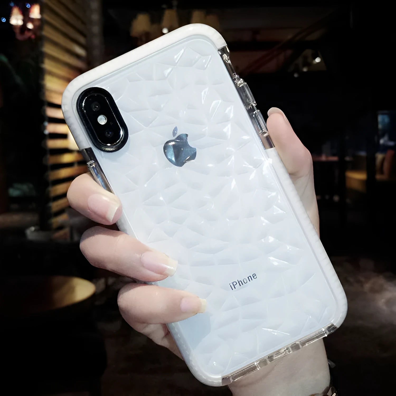Striped TPU back cover iPhone case shown in black border, pink border, and white border colour options.