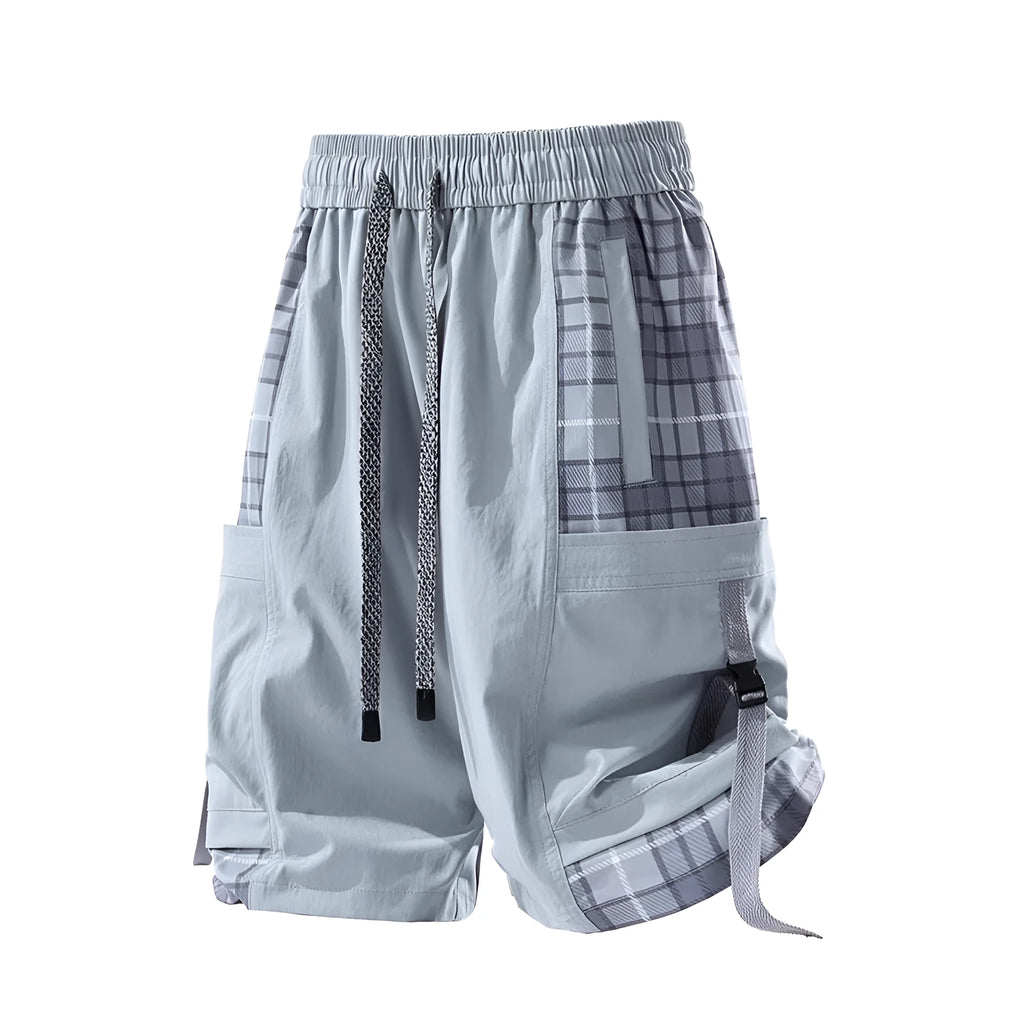 Men's loose fit cargo shorts with plaid stitching in black, light grey, or smoky grey.