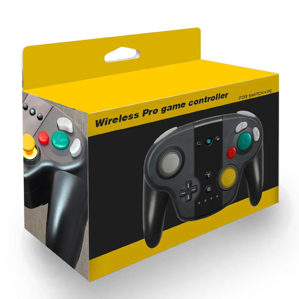 Black wireless gamepad controller with colourful box packaging for Nintendo Switch and Windows PC gaming