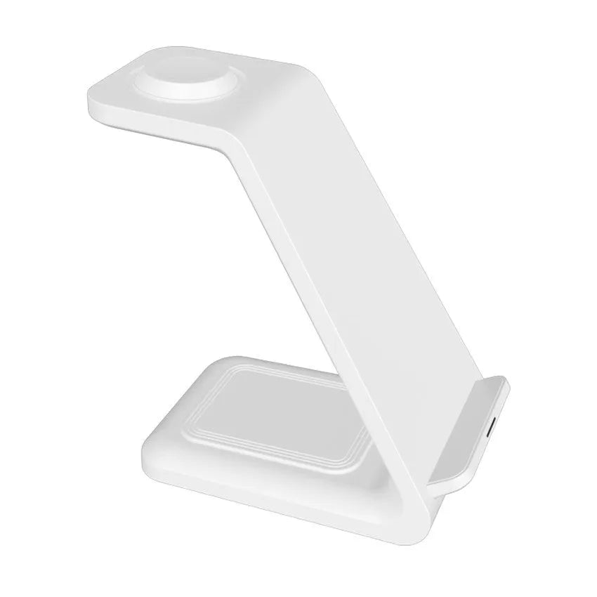 White upright wireless phone charger with dual coil design and phone in charging position