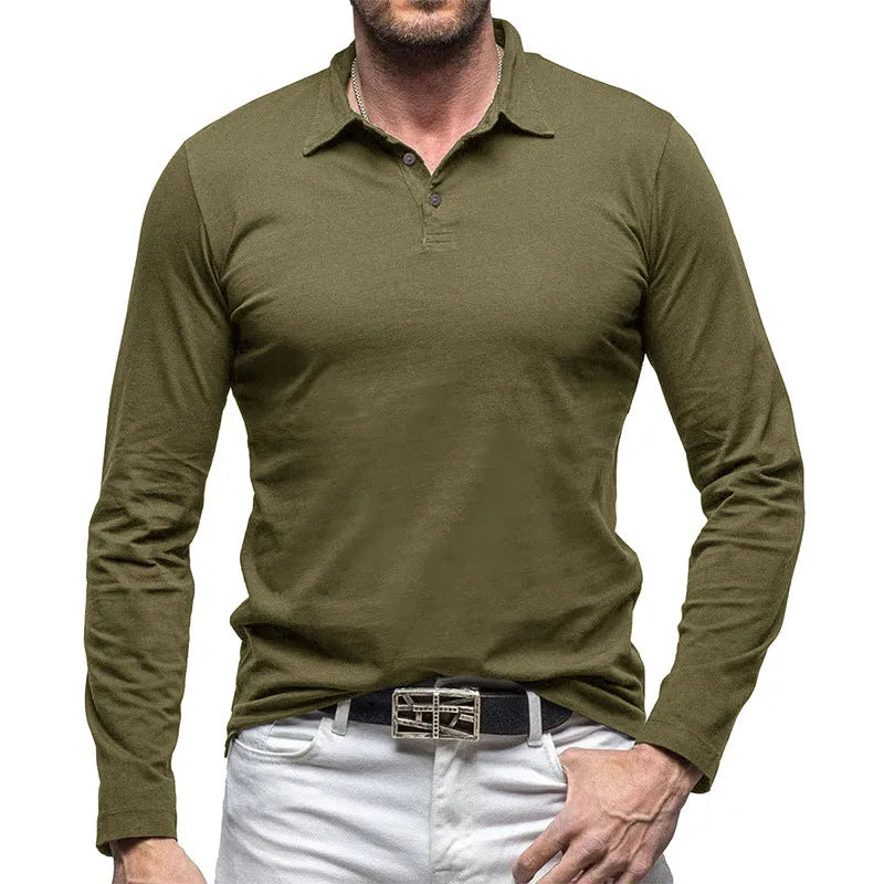 Men's dark grey long sleeve cotton t-shirt with a polo collar, American retro style, laid flat.