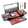 74 colour makeup palette set with four layers showing eyeshadows, lip glosses, and face powders with brushes