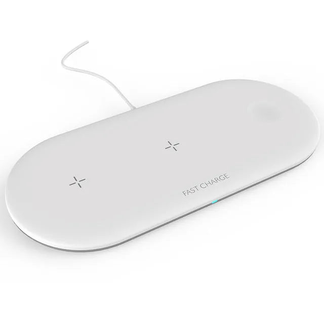 Black three-in-one wireless charging station for Apple iPhone iWatch and AirPods on a desk
