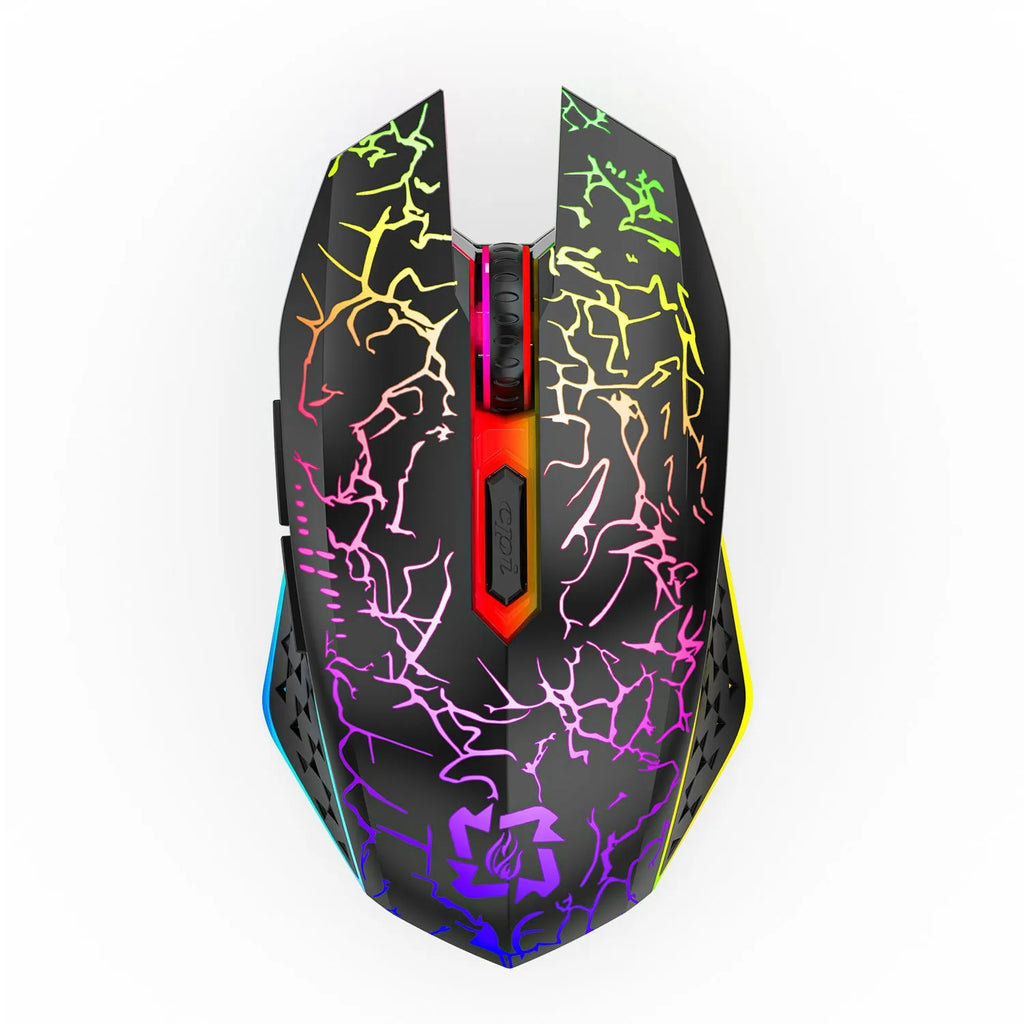 Black and white wireless gaming mouse with breathing lights showing Bluetooth and 2.4G connectivity options